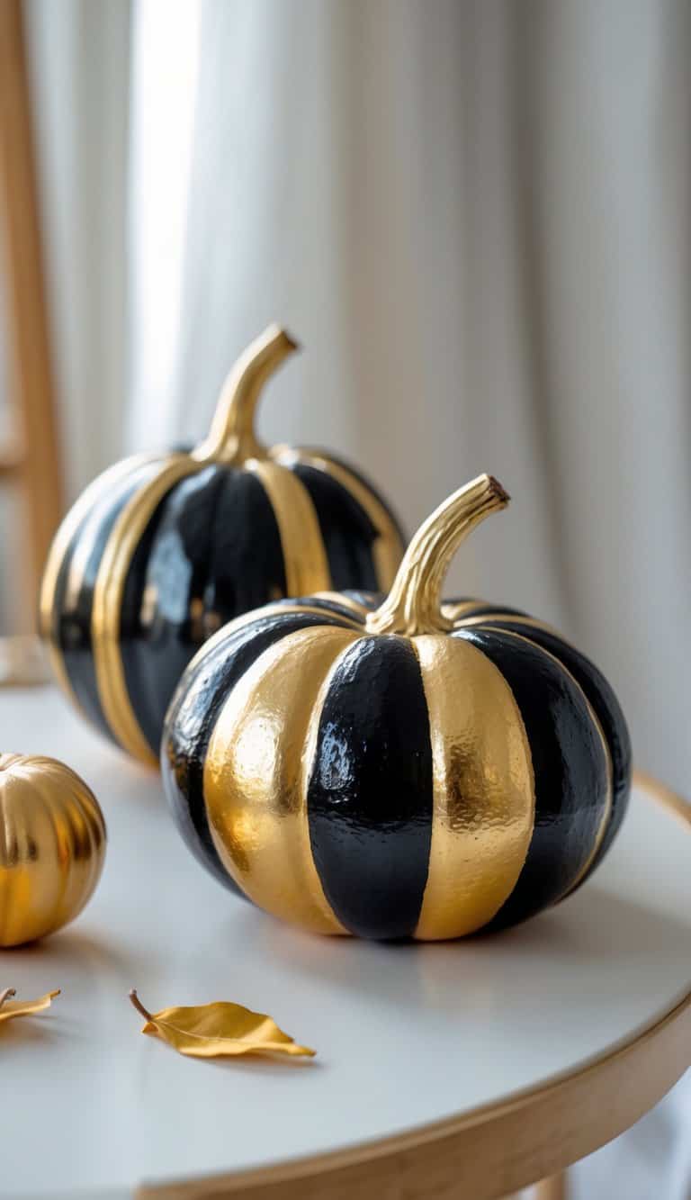 Close-up of one to two painted pumpkins in gold and black on a tabletop.