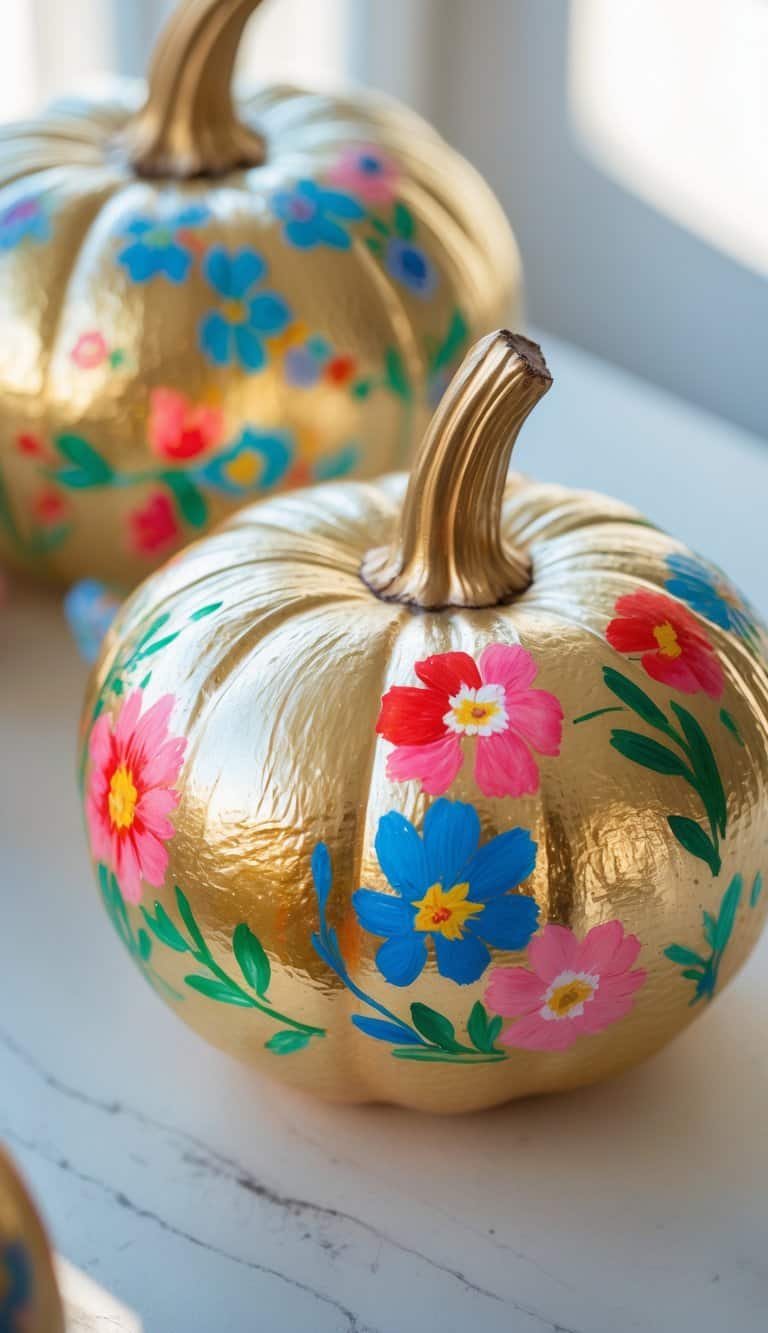One to two gold-painted pumpkins with colorful hand-painted floral designs on a clean tabletop.