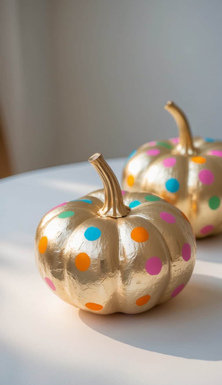 One or two gold-painted pumpkins with colorful polka dots placed on a tabletop in soft daylight.