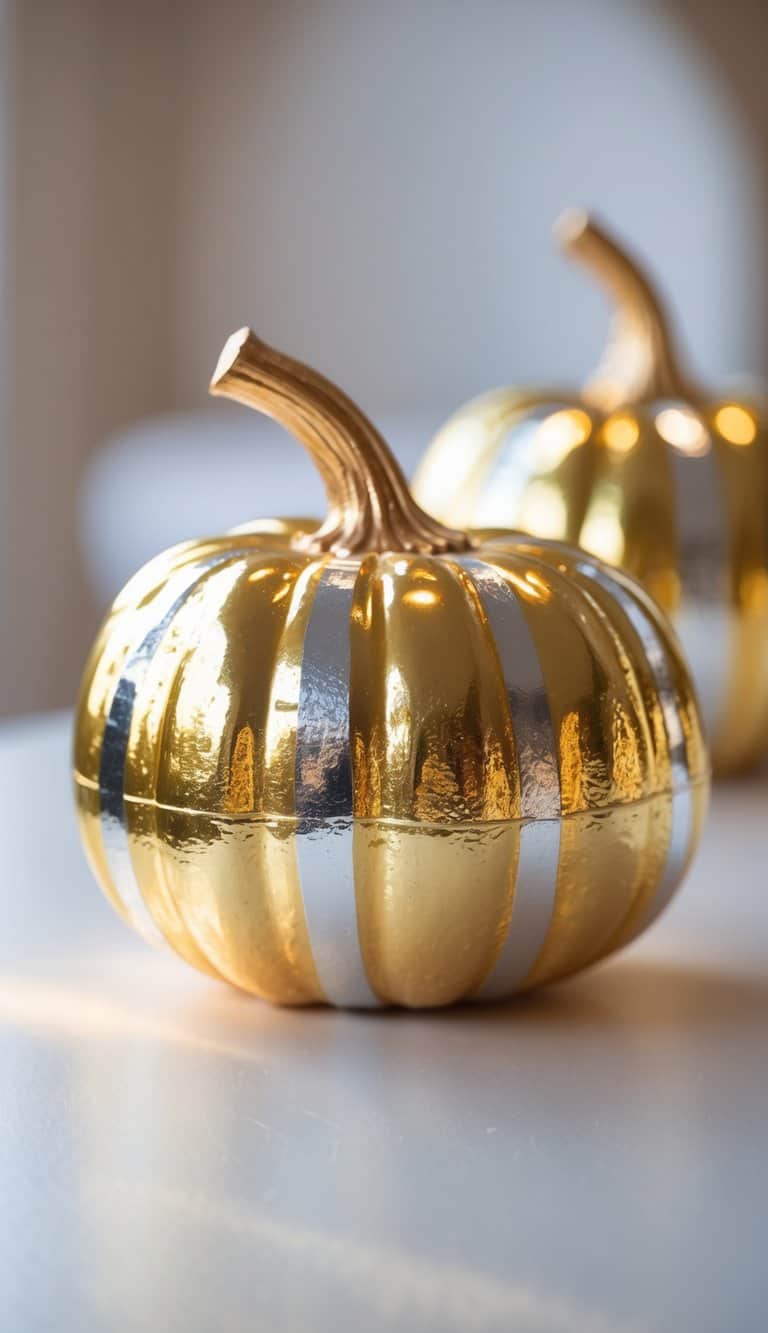 One to two gold-painted pumpkins with metallic stripes on a clean tabletop.