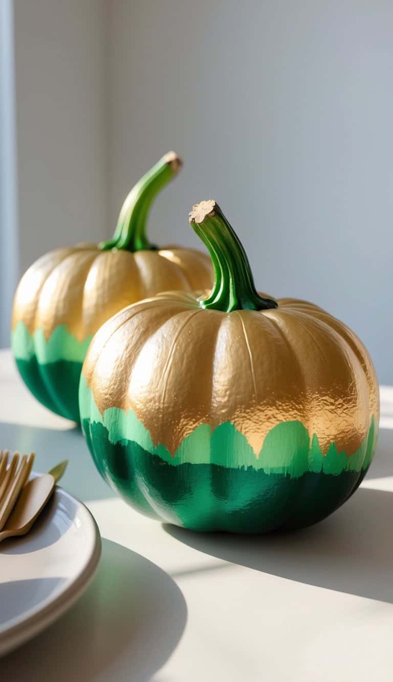 One to two pumpkins painted gold with green ombre on a clean tabletop under soft daylight.