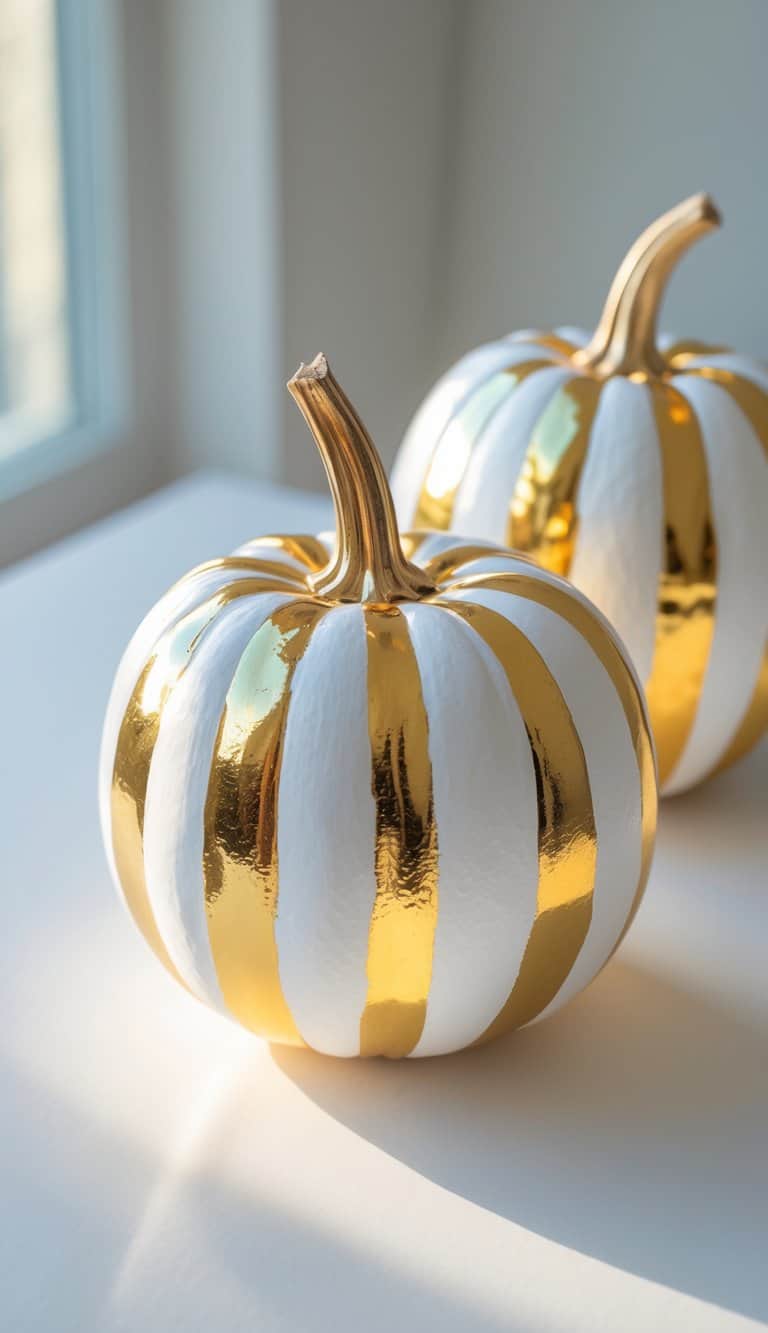 Close-up of one to two pumpkins painted with gold and white chevron patterns on a plain tabletop.