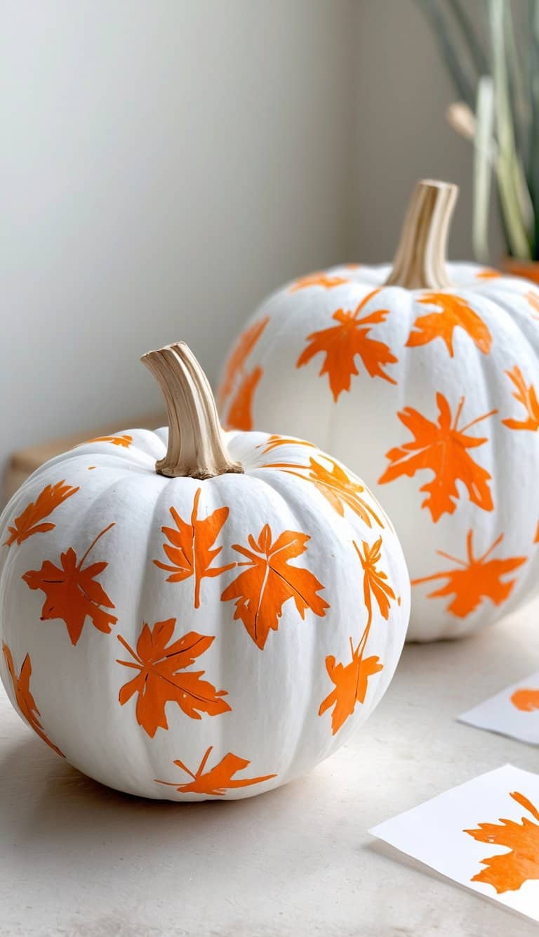 Close-up of one or two white pumpkins painted with bright orange leaf patterns, placed on a tabletop with soft natural light.