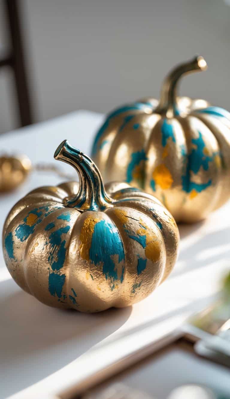 Close-up of one to two dark gold metallic pumpkins painted with earthy tones on a tabletop.