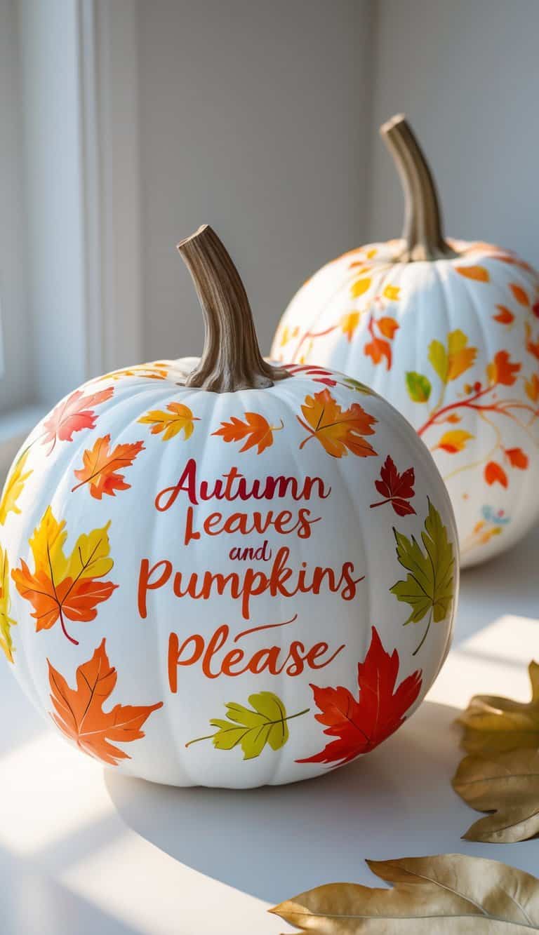 One to two white pumpkins painted with colorful autumn leaf designs placed on a tabletop with soft natural light.