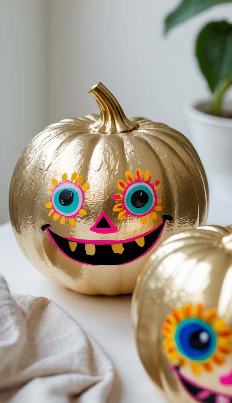 One to two gold-painted pumpkins with colorful handpainted Halloween faces on a tabletop.