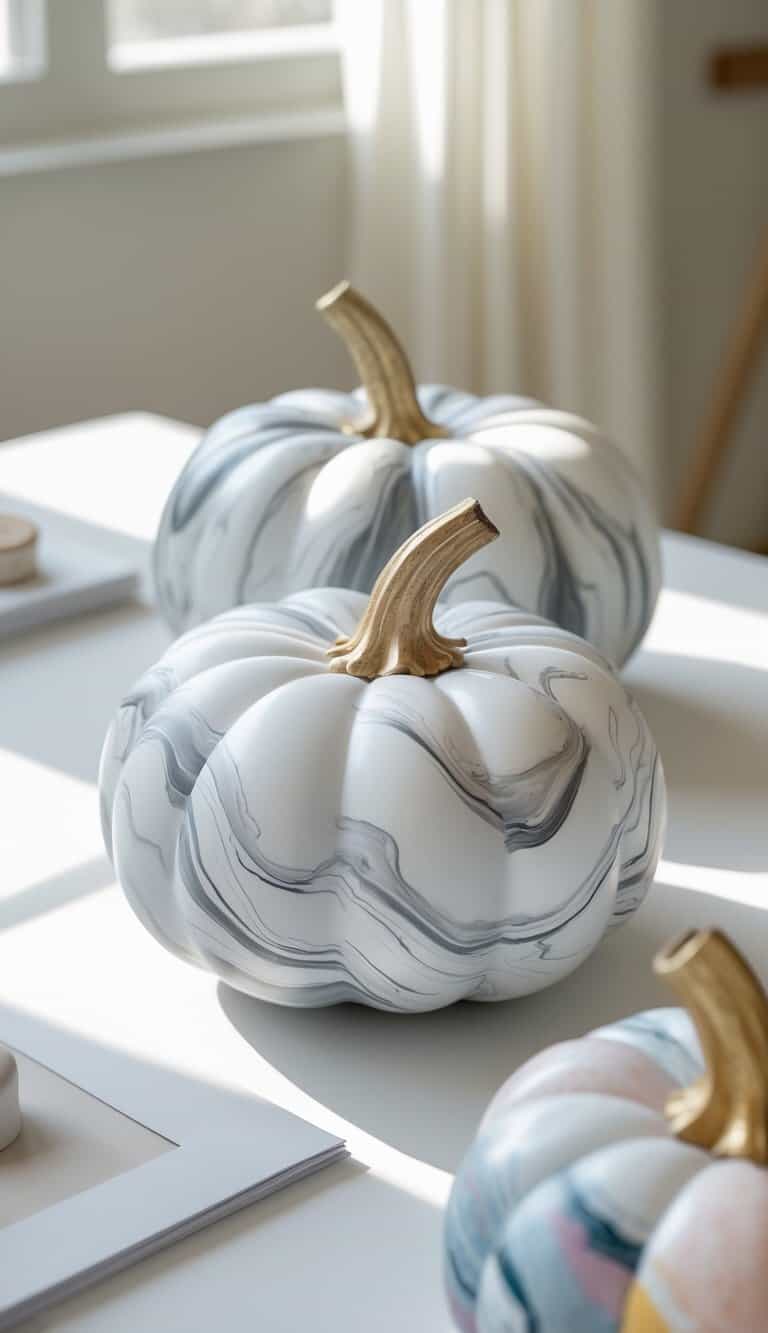 Close-up of one to two pumpkins painted with a marbled white and gray pattern on a clean tabletop.