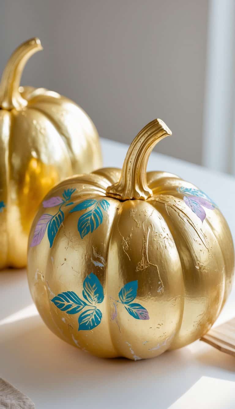 One to two gold-painted pumpkins decorated with leaf patterns on a tabletop.
