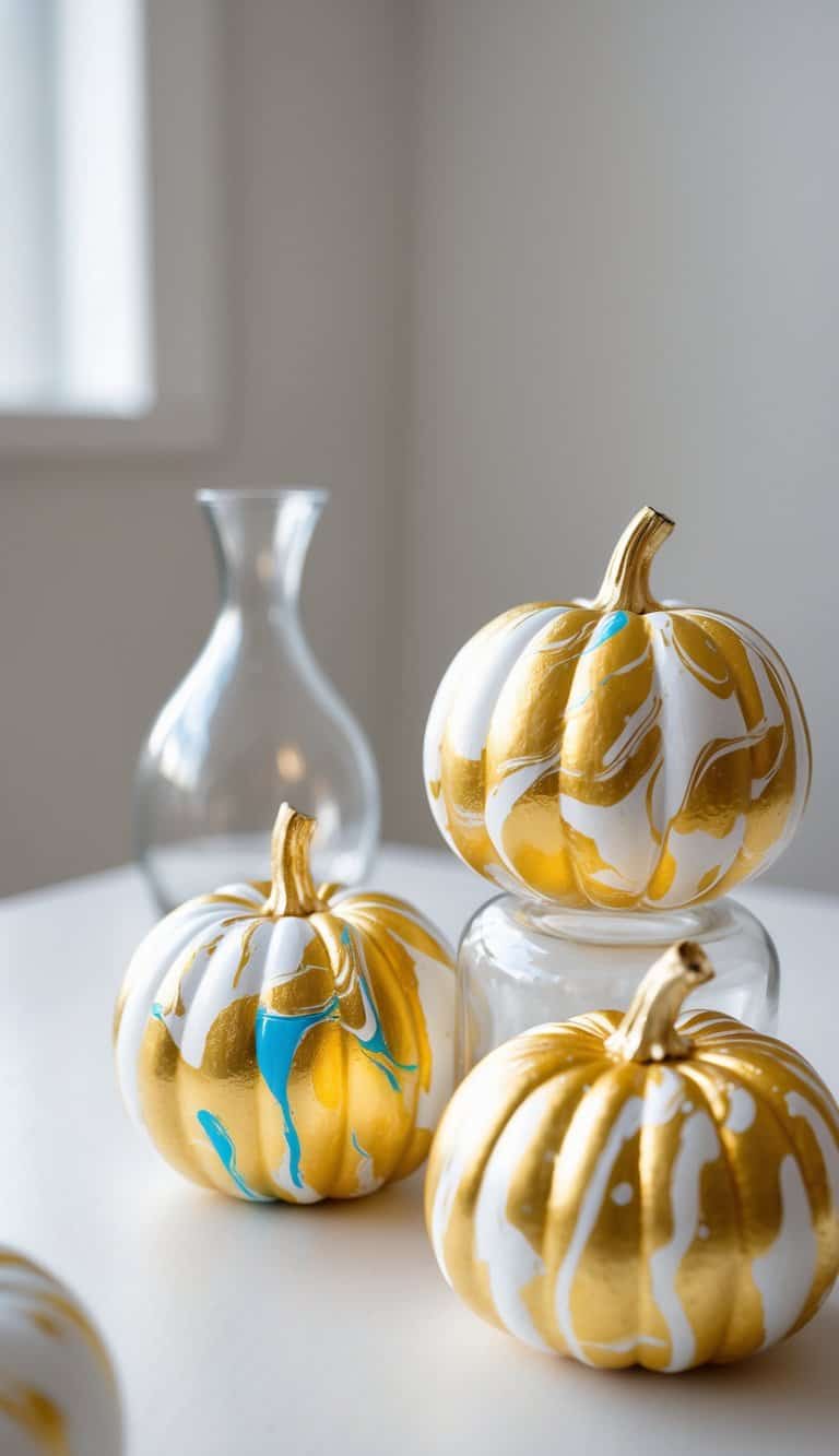 One to two small gold marbled pumpkins displayed inside clear glass vases on a tabletop.