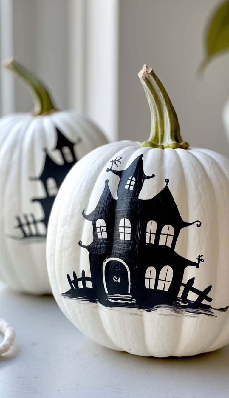 Close-up of one to two white pumpkins painted with black haunted house silhouettes on a clean tabletop.