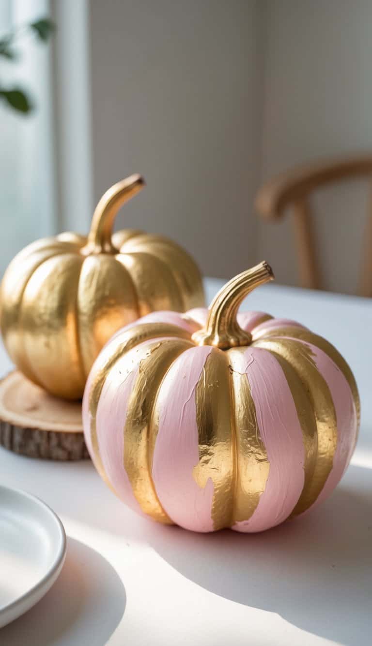Close-up of one to two pumpkins painted in gold and blush pink on a tabletop with soft daylight.