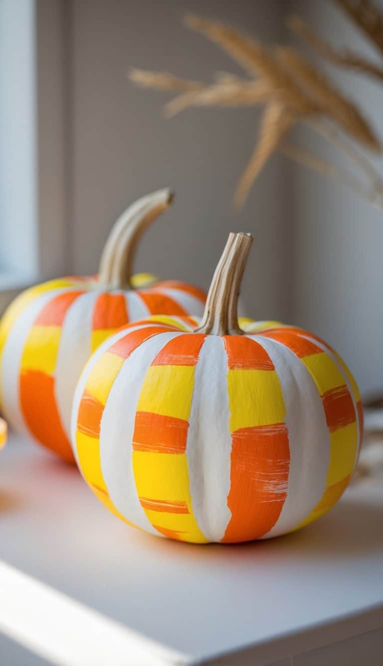 Close-up of one to two white pumpkins painted with bright yellow, orange, and white candy corn patterns on a plain tabletop.