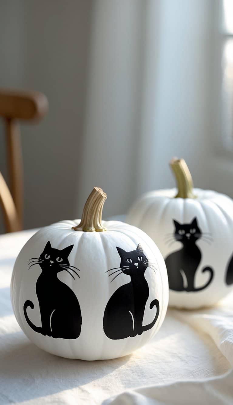 Close-up of one to two white pumpkins painted with black cat silhouettes on a tabletop.