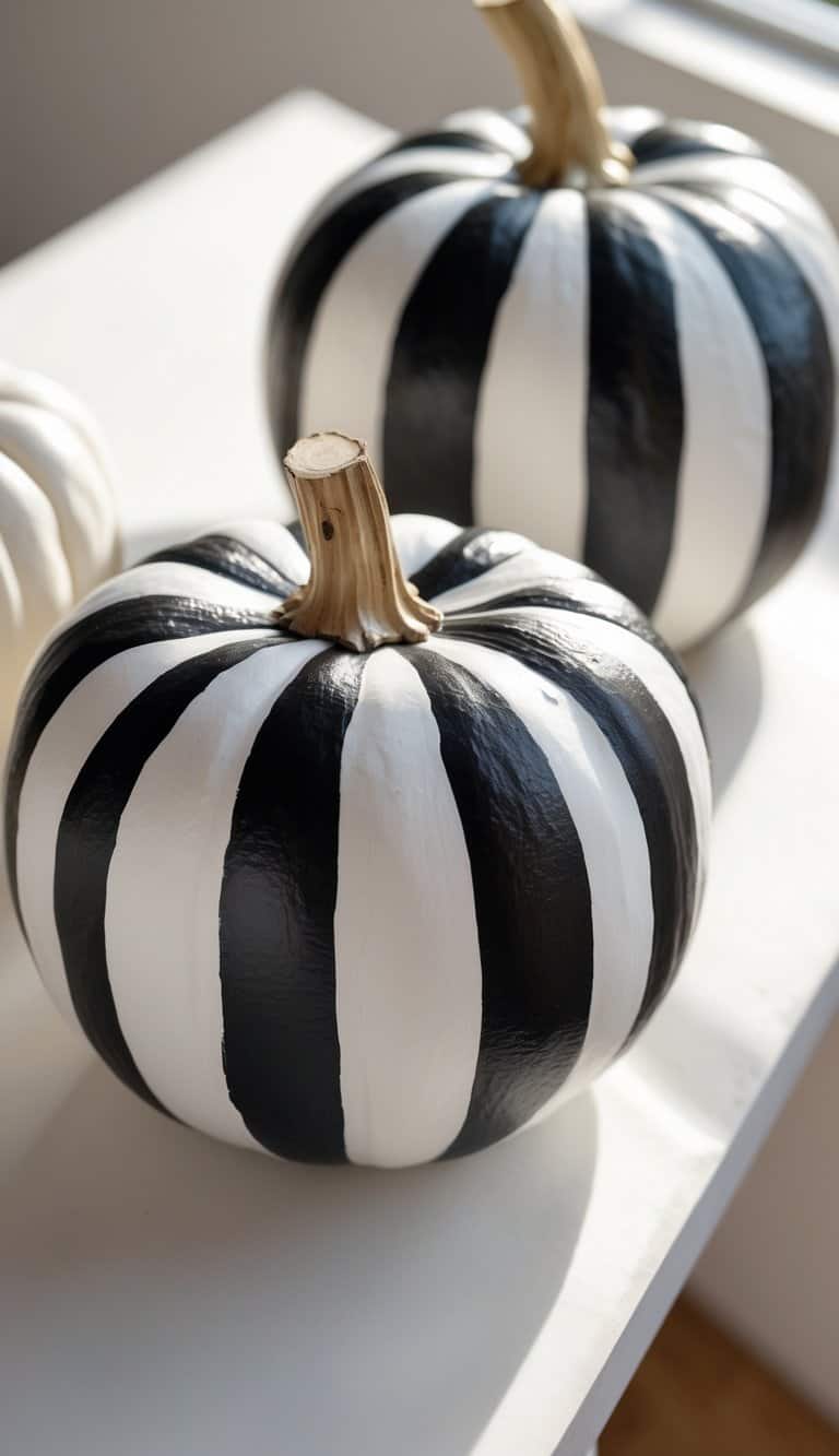 Close-up of one to two pumpkins painted with bold black and white stripes on a simple tabletop.