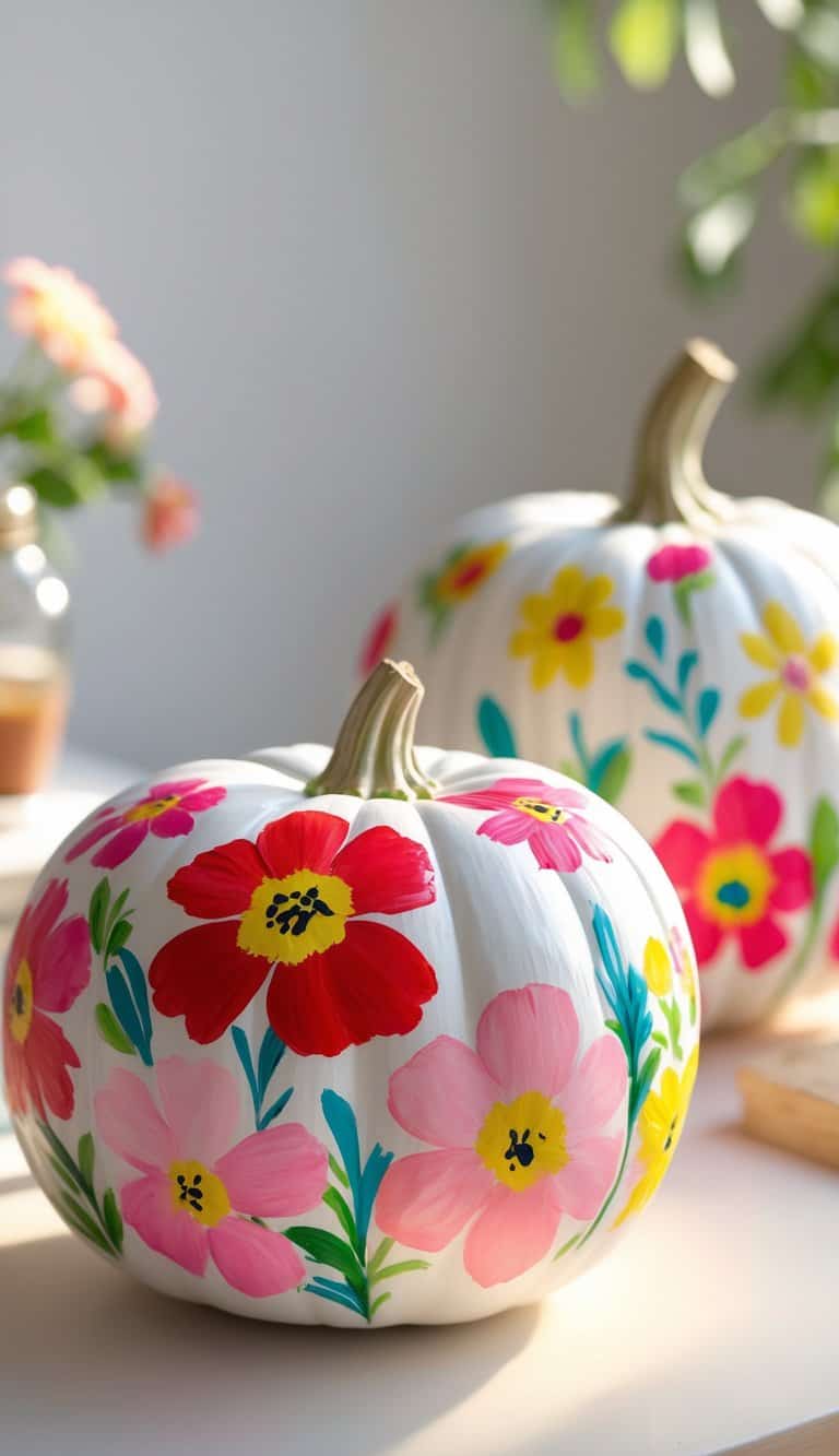 Close-up of one or two white pumpkins decorated with colorful floral paintings on a clean tabletop.