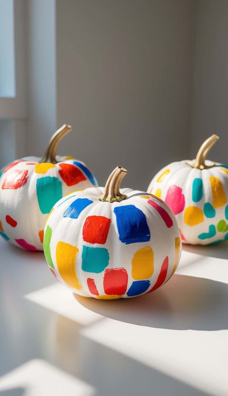 One to two white pumpkins painted with colorful abstract designs placed on a clean tabletop under soft daylight.