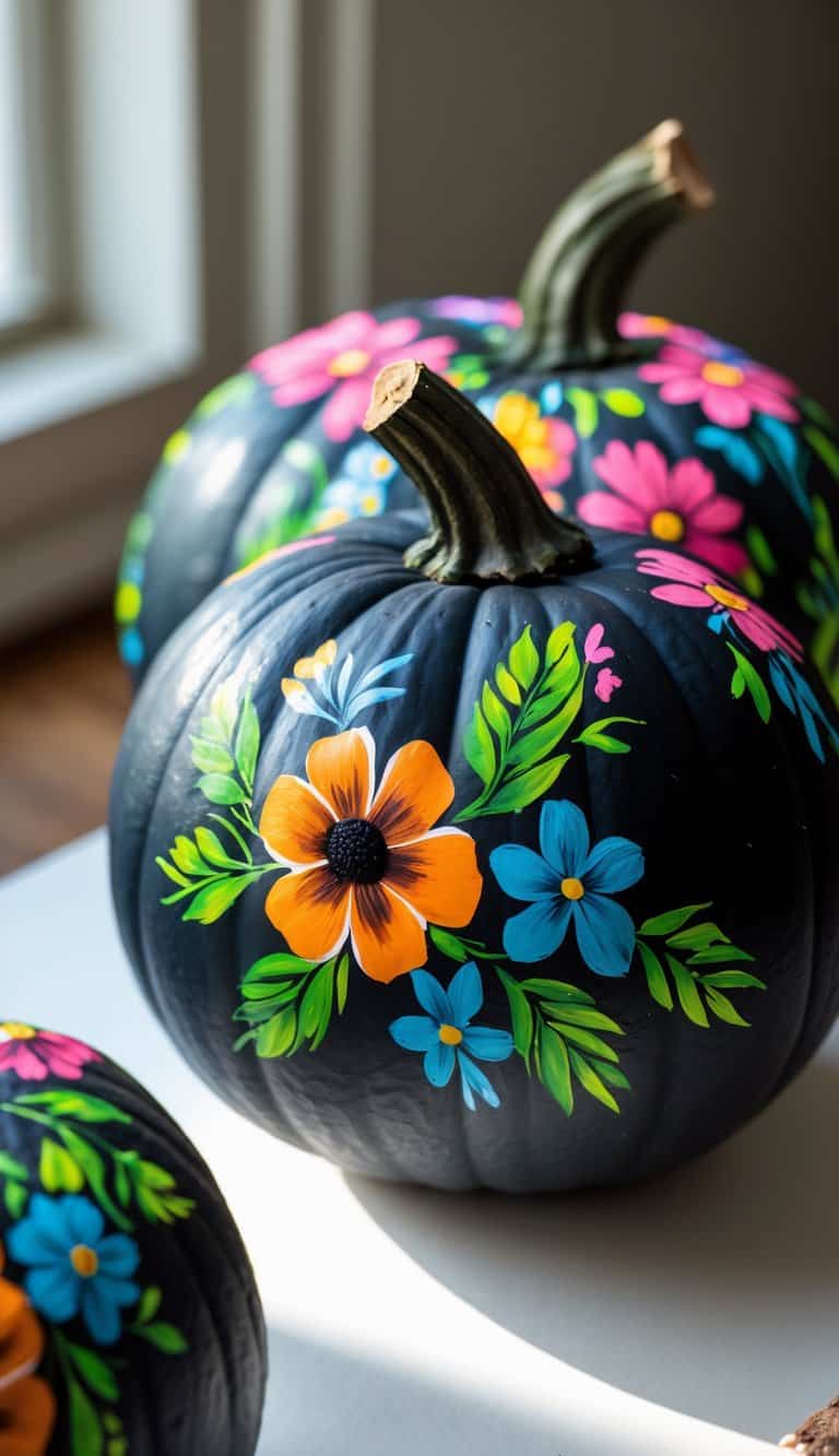 Close-up of one or two dark pumpkins painted with colorful floral designs on a clean tabletop.