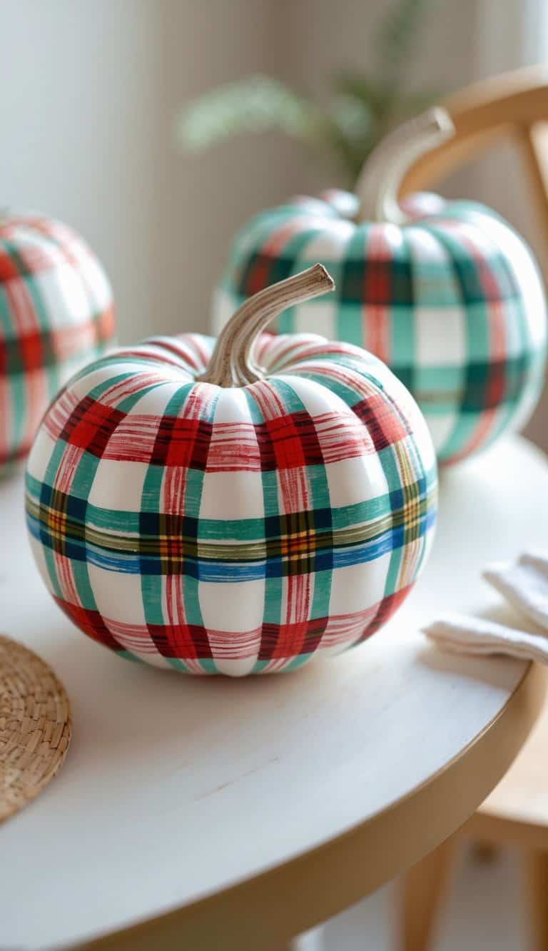 Close-up of one or two white pumpkins painted with colorful plaid patterns on a simple tabletop.