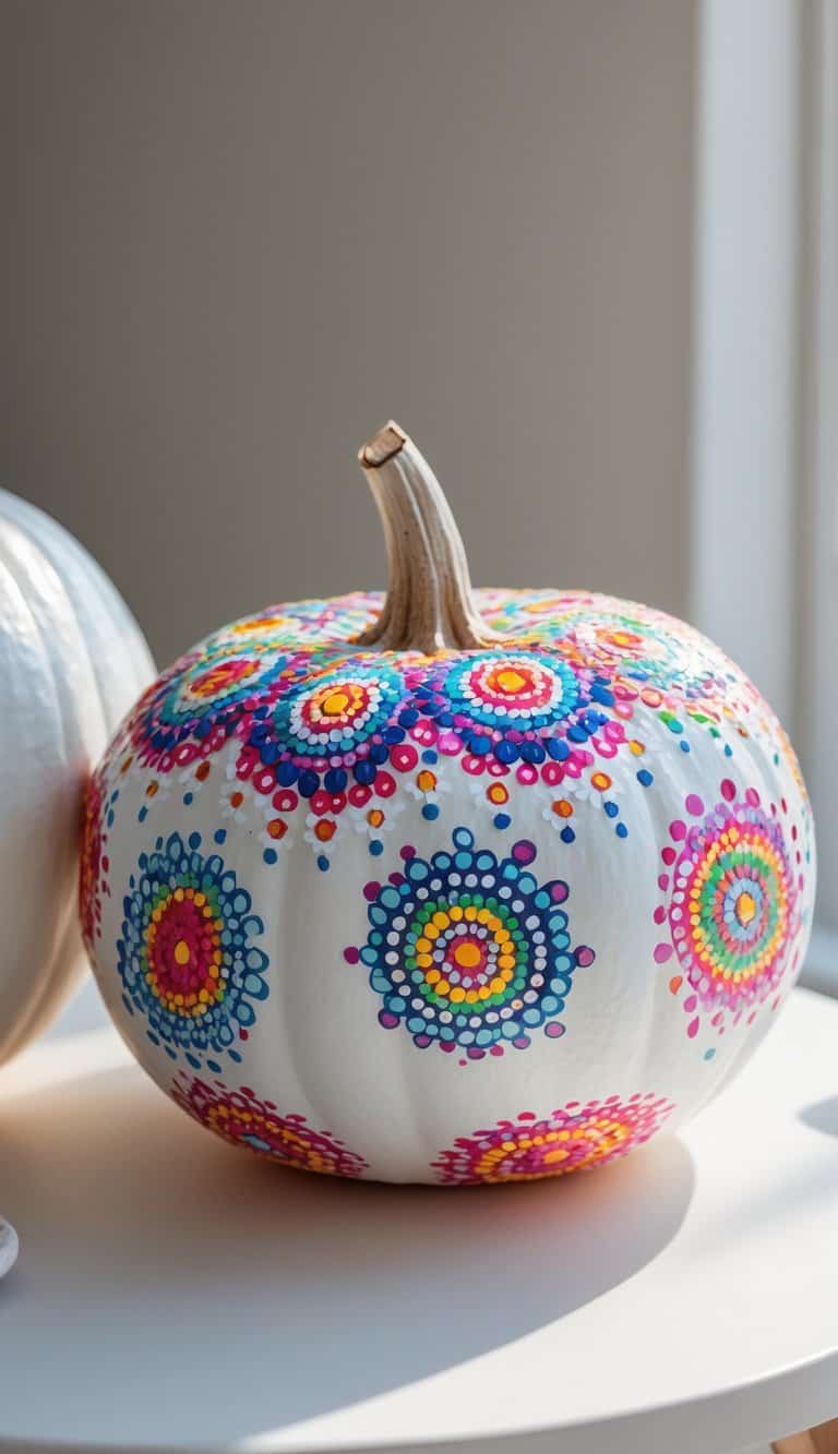 Close-up of one to two white pumpkins decorated with colorful dot mandala patterns on a clean tabletop.