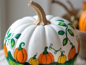 A white pumpkin is decorated with a hand-painted design of orange pumpkins, green leaves, and vines. The background is softly blurred, featuring more pumpkins and a light, neutral setting.