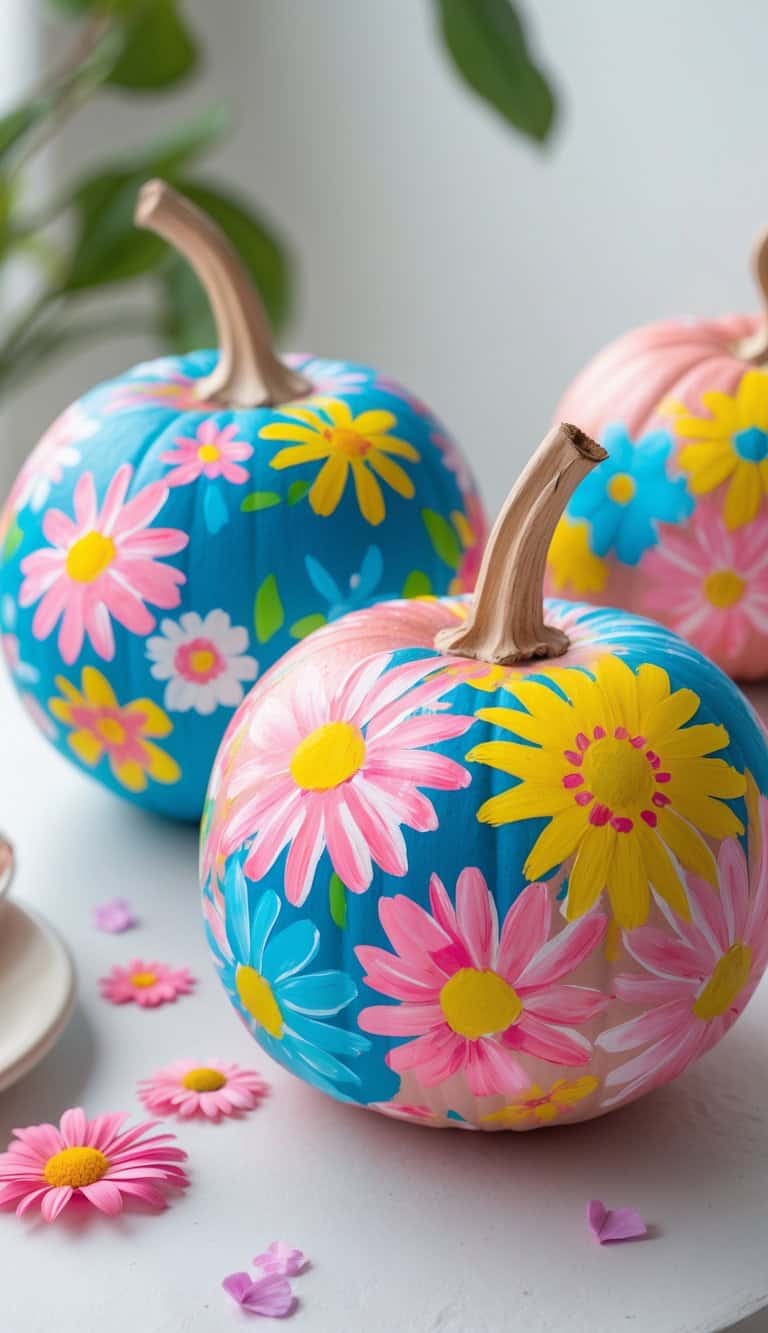 One to two pumpkins painted with colorful daisies and flowers on a clean tabletop.