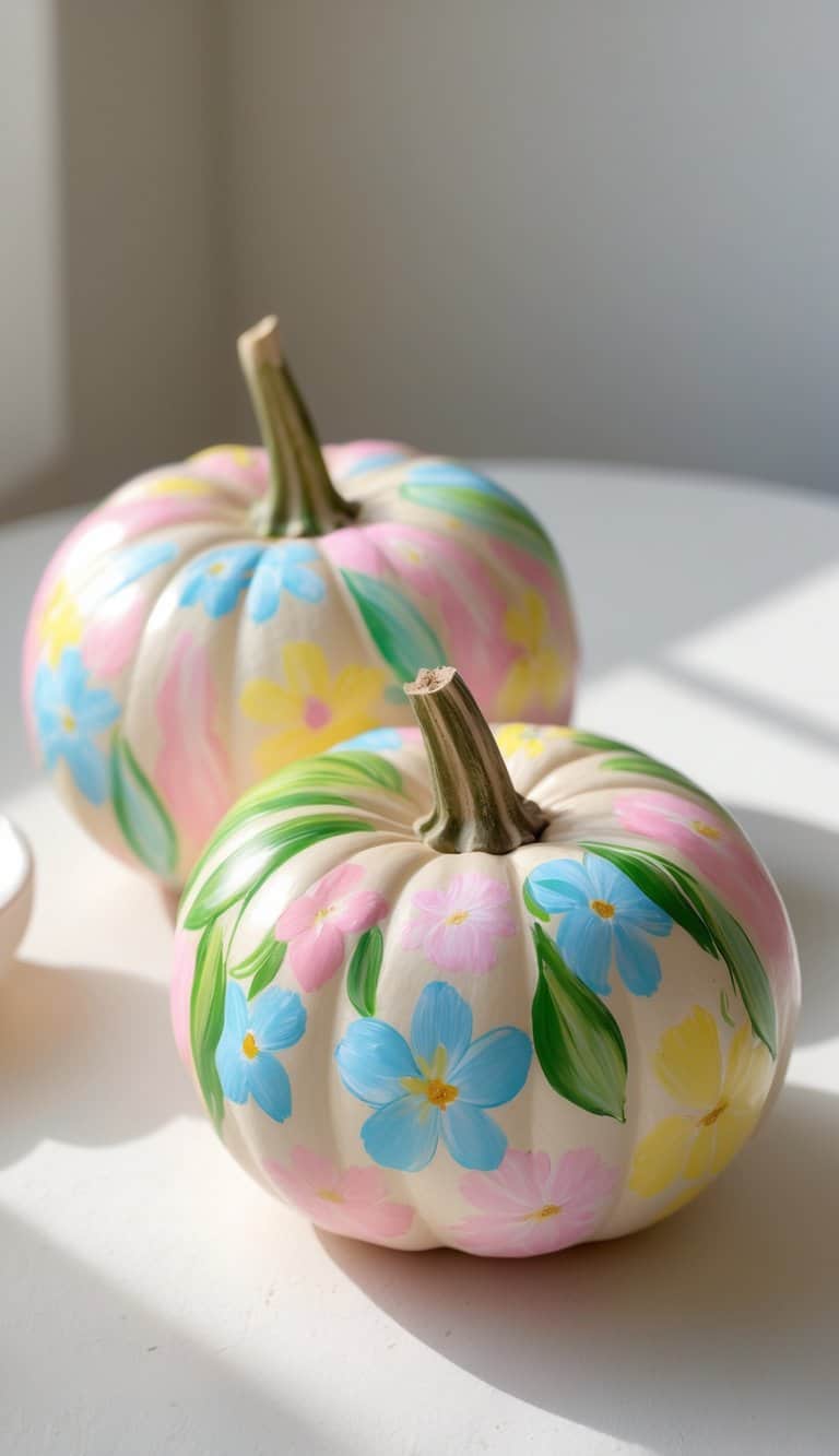 Close-up of one to two small pumpkins painted with colorful pastel floral designs on a light tabletop.