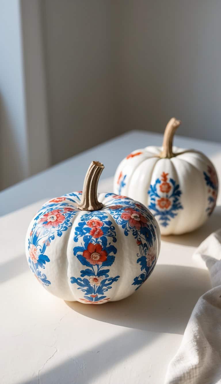 Close-up of one or two white pumpkins painted with colorful vintage-style patterns on a clean tabletop.