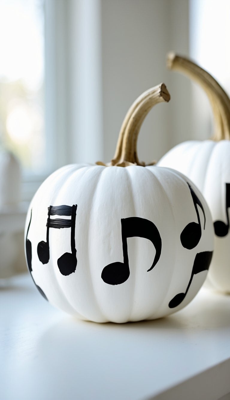 One or two white pumpkins painted with black musical notes on a tabletop.