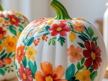 A white pumpkin decorated with colorful hand-painted flowers in red, orange, and yellow, on a sunlit table with blurred background elements.