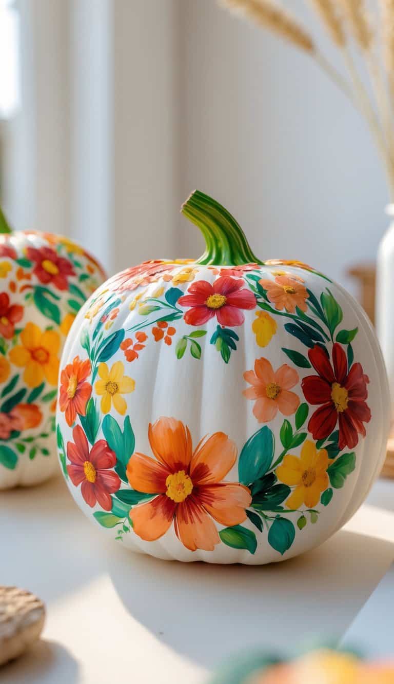 Close-up of one or two pumpkins painted with colorful autumn floral wreath designs on a clean tabletop.