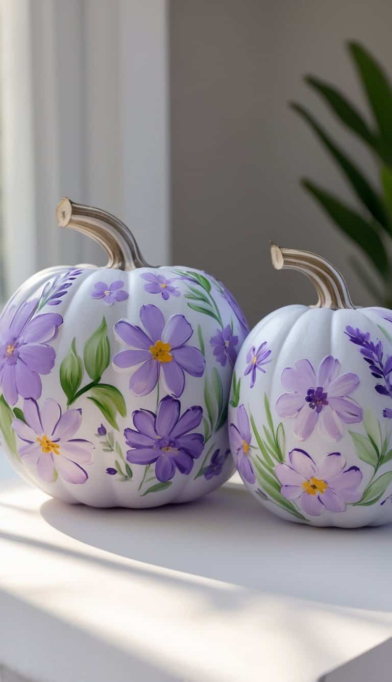 Close-up of one to two pumpkins painted with lavender floral designs on a clean tabletop.