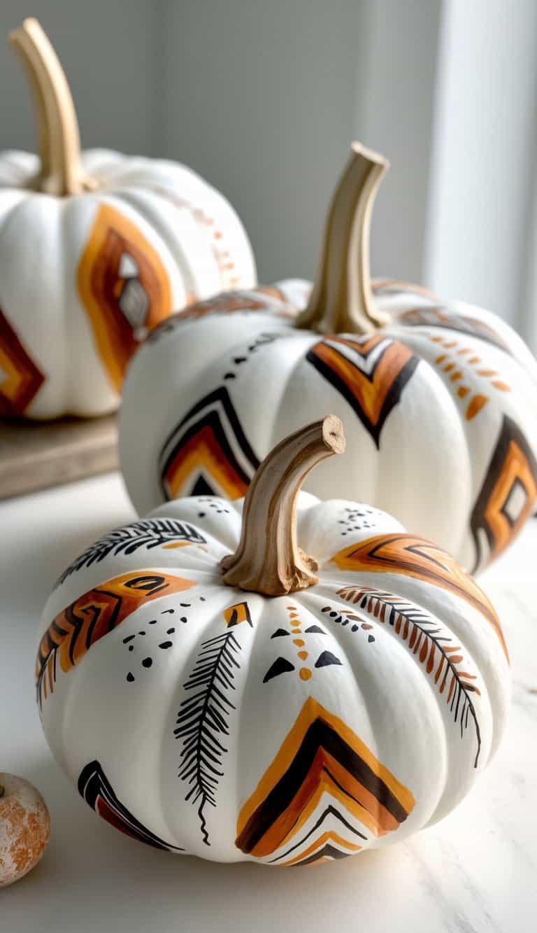 Close-up of one to two white pumpkins painted with colorful tribal patterns placed on a tabletop.