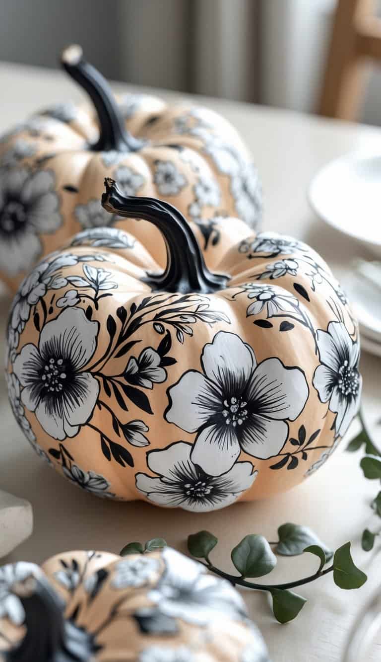 Close-up of one or two pumpkins painted with detailed black and white floral patterns on a tabletop.