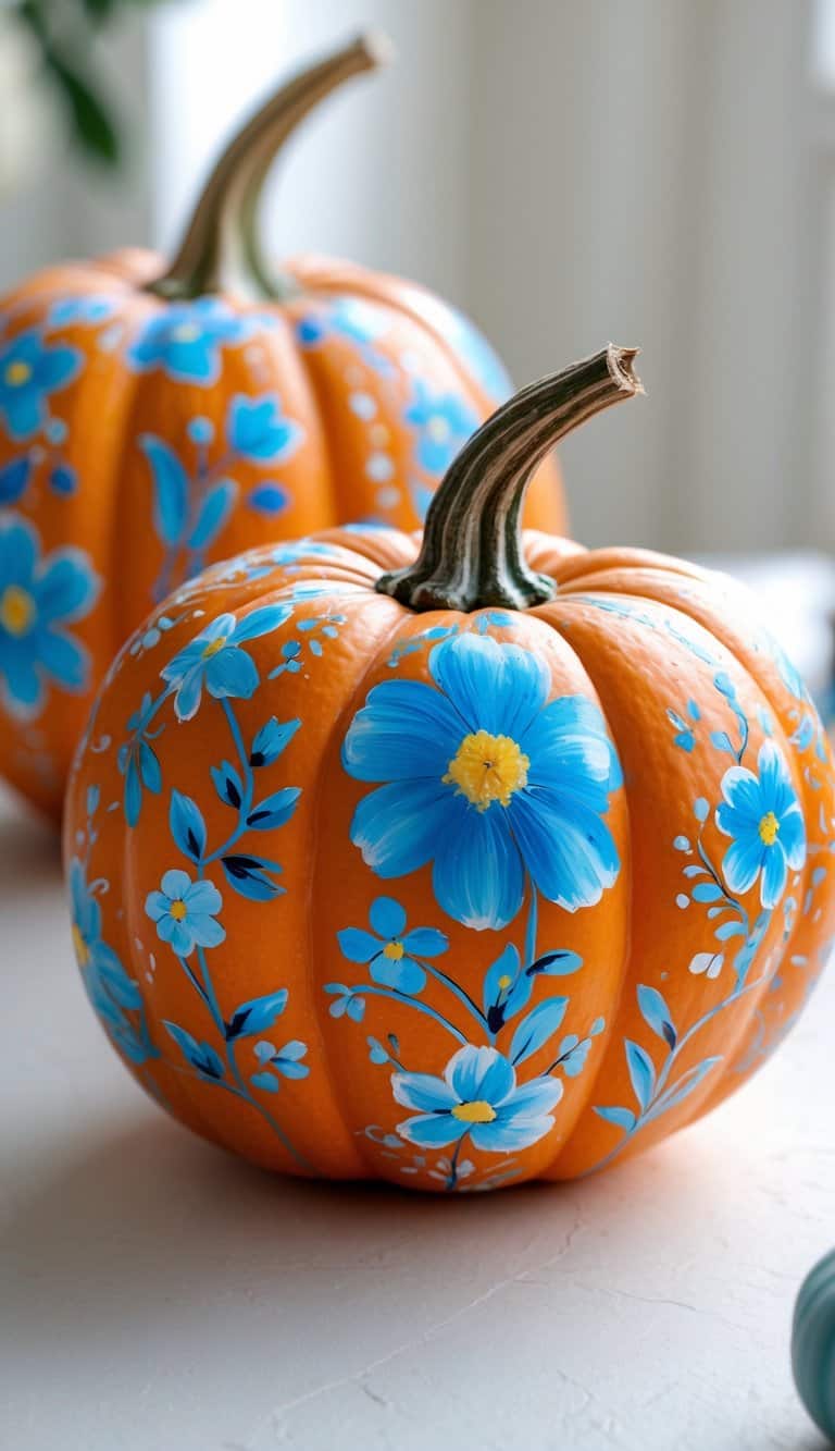 One to two orange pumpkins painted with blue floral designs on a clean tabletop.
