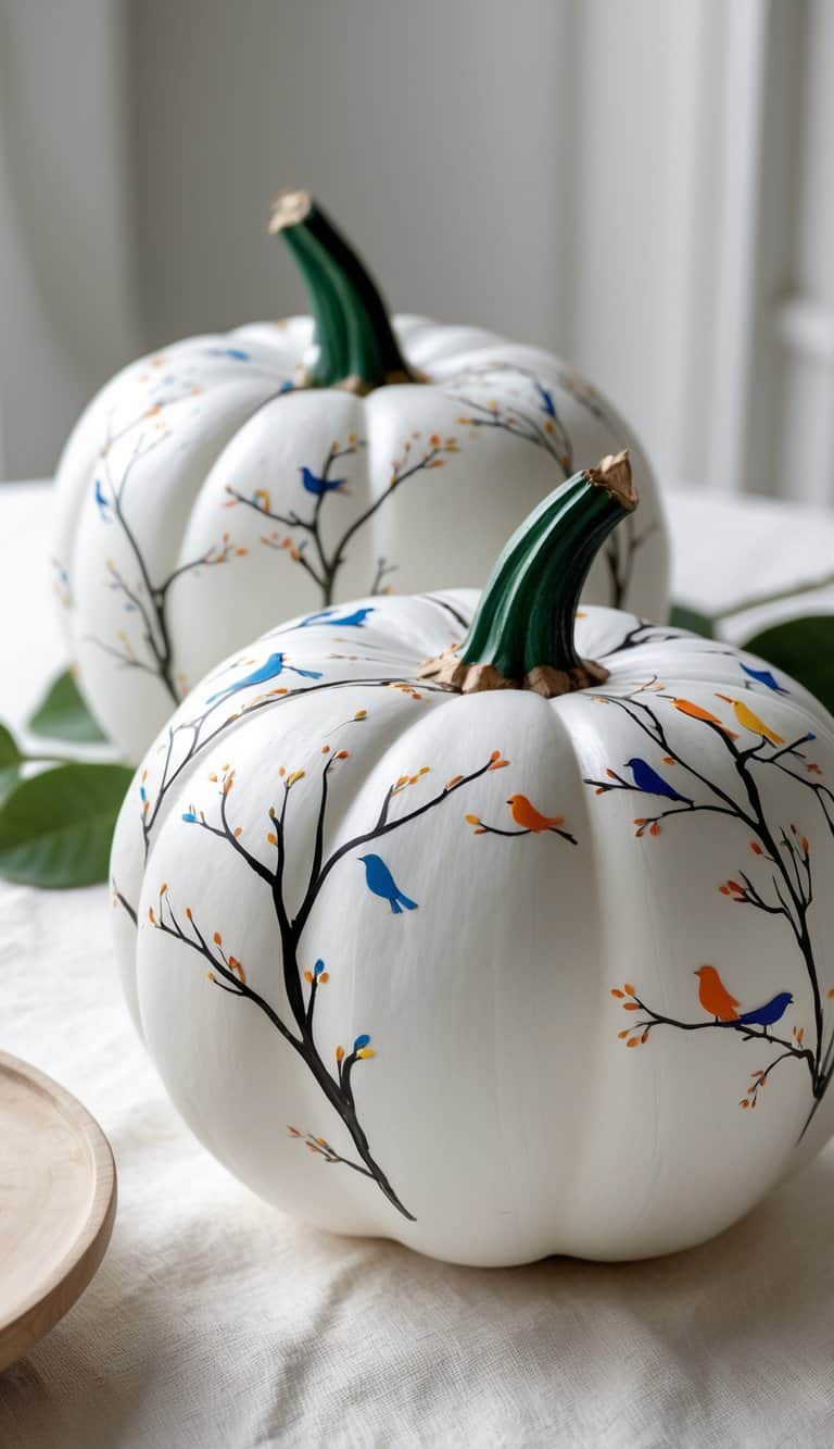 Close-up of one to two white pumpkins painted with delicate branch silhouettes and tiny birds, arranged on a tabletop.