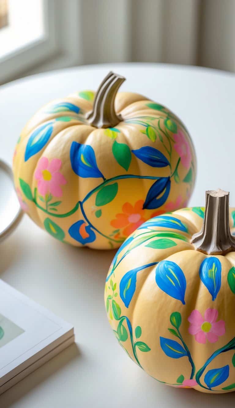 Close-up of one to two pumpkins painted with colorful floral vine designs on a clean tabletop.