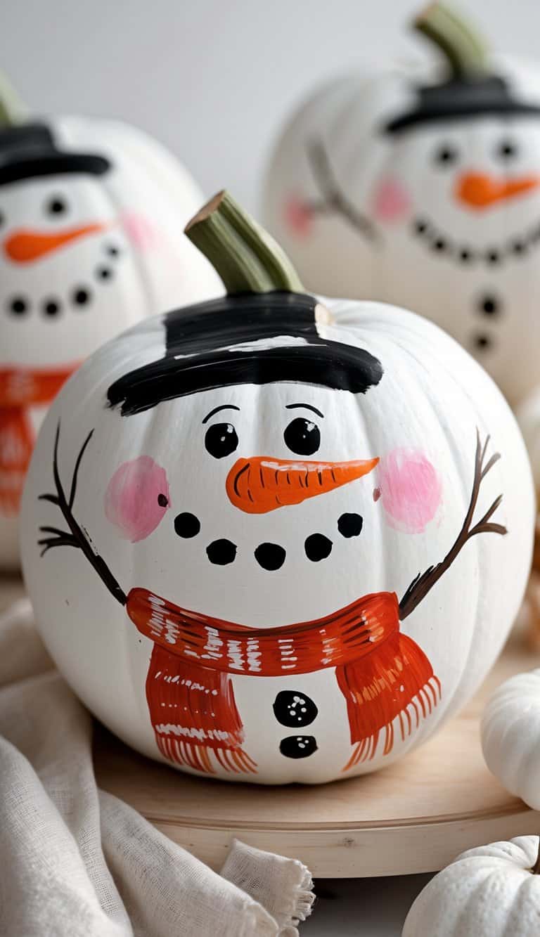 One to two white pumpkins painted with snowman faces placed on a tabletop.