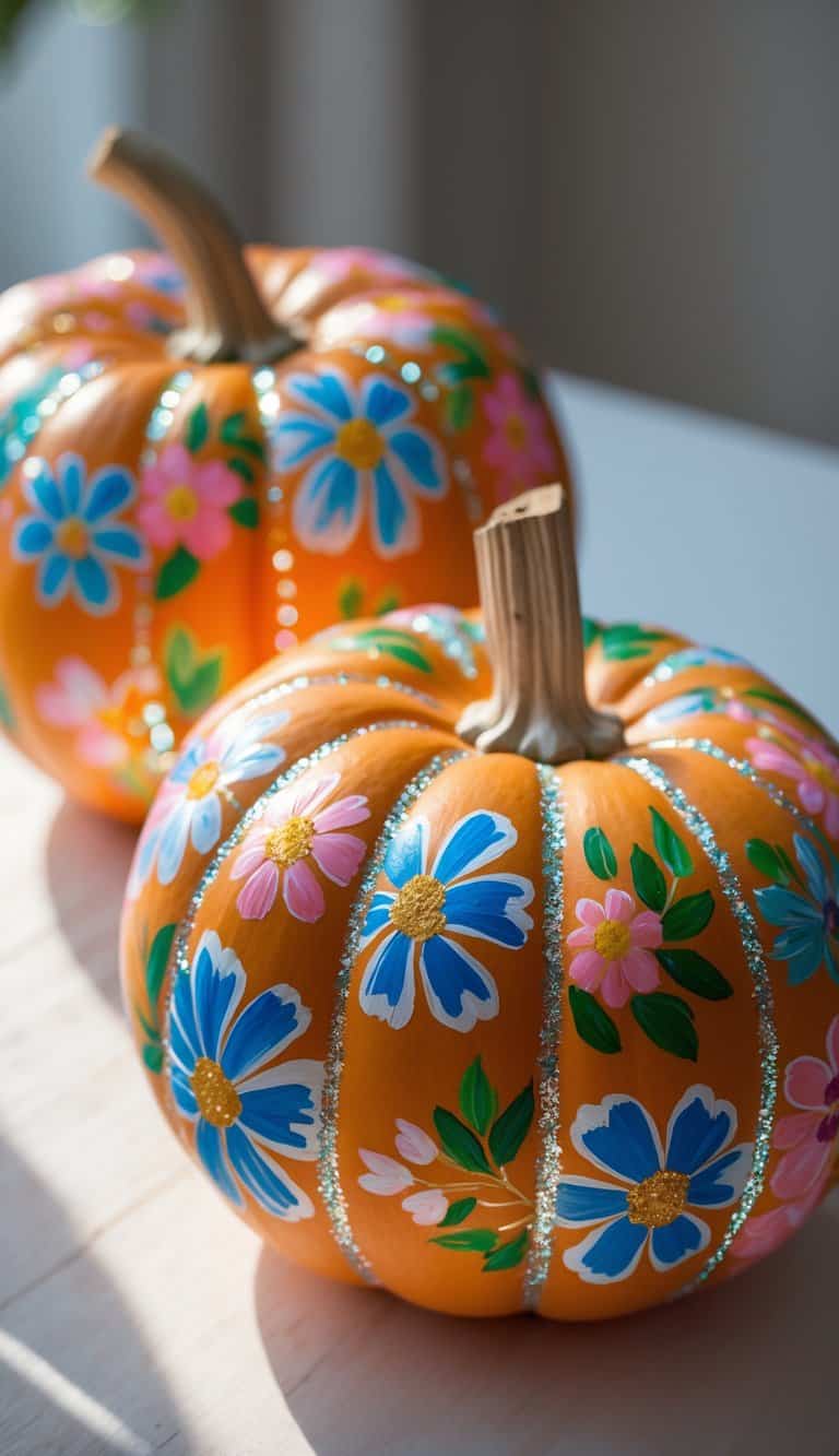Close-up of one to two pumpkins painted with colorful floral designs and glitter outlines on a plain tabletop.