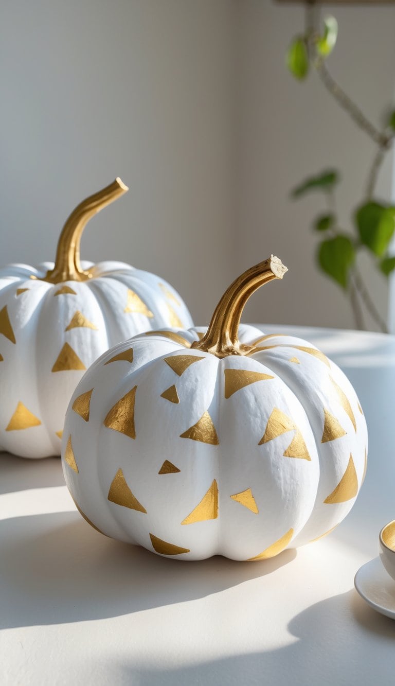 Close-up of one to two white painted pumpkins decorated with evenly spaced gold geometric triangles on a clean tabletop.