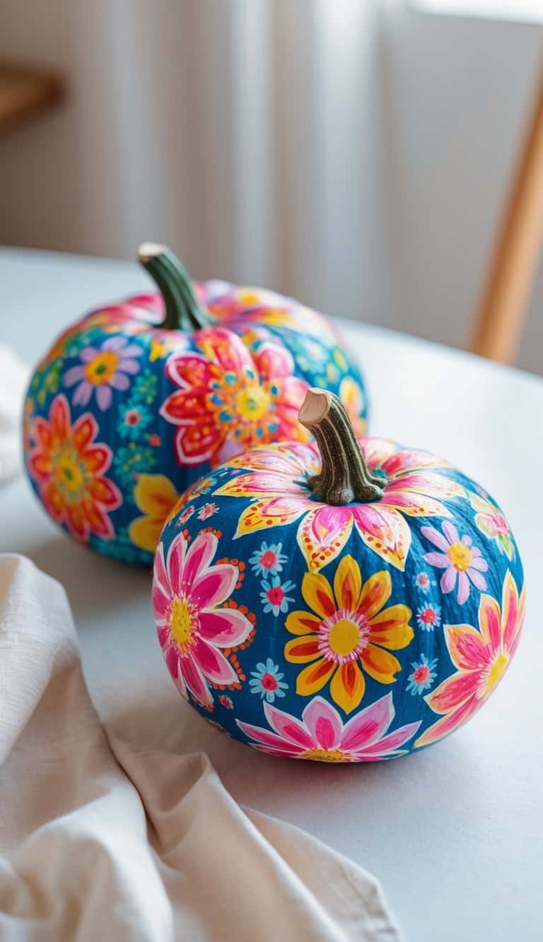 One to two pumpkins on a table painted with colorful floral mandala designs.