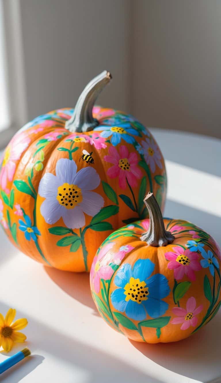 Close-up of one or two pumpkins painted with colorful wildflowers and bees on a clean tabletop.