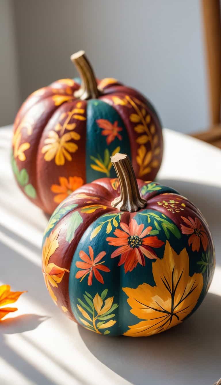 One or two pumpkins painted with colorful fall leaves and flowers placed on a clean tabletop.