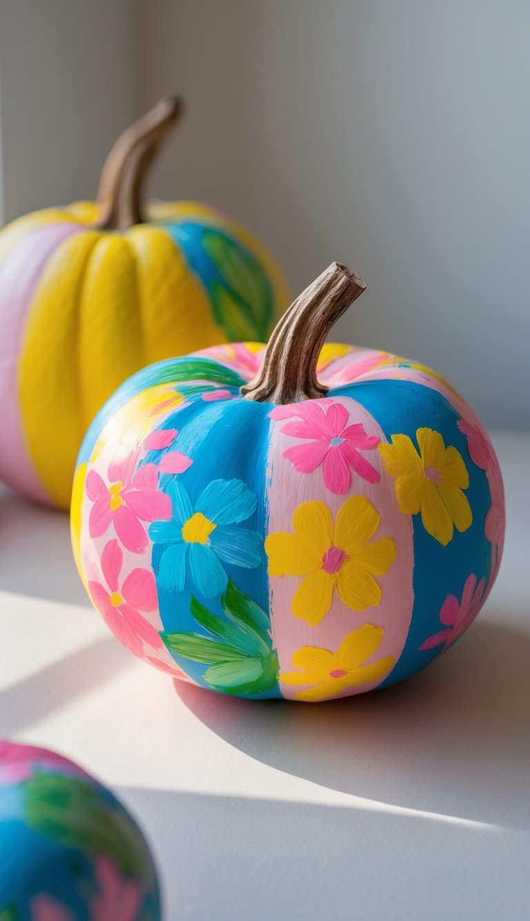 Close-up of one or two pumpkins painted with bright, colorful floral patterns divided into sections, placed on a simple tabletop with soft daylight.