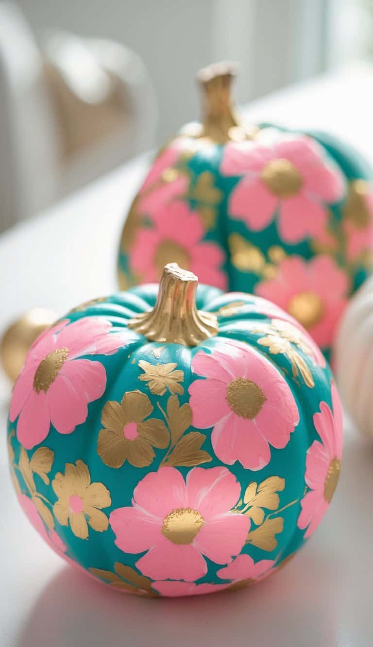 One to two pumpkins painted with pink and gold floral designs placed on a tabletop.
