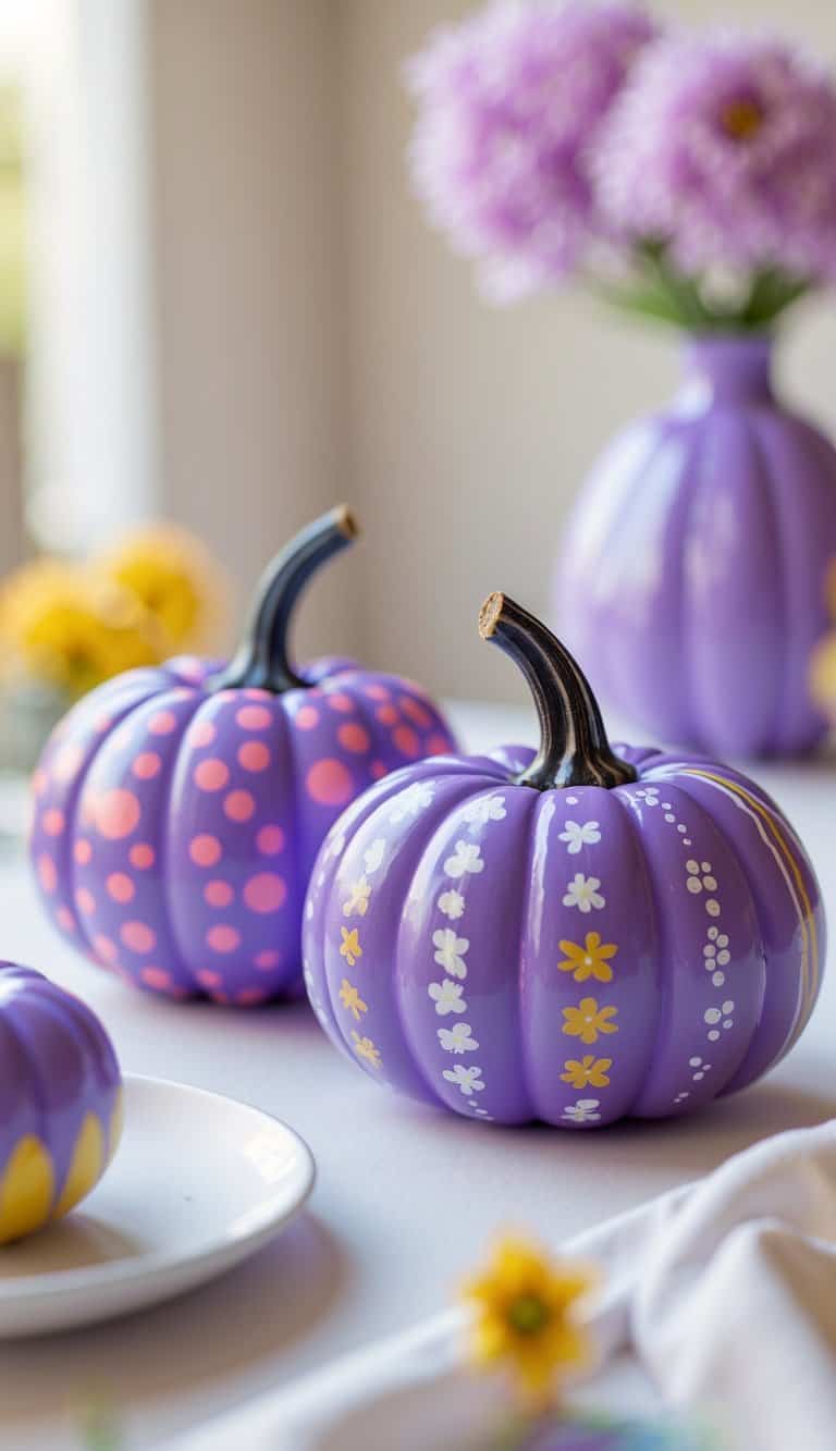 Close-up of one to two small purple painted pumpkins with playful designs on a clean tabletop.