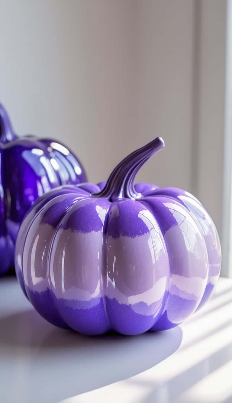 Close-up of one or two purple ombre pumpkins with painted designs on a clean tabletop.