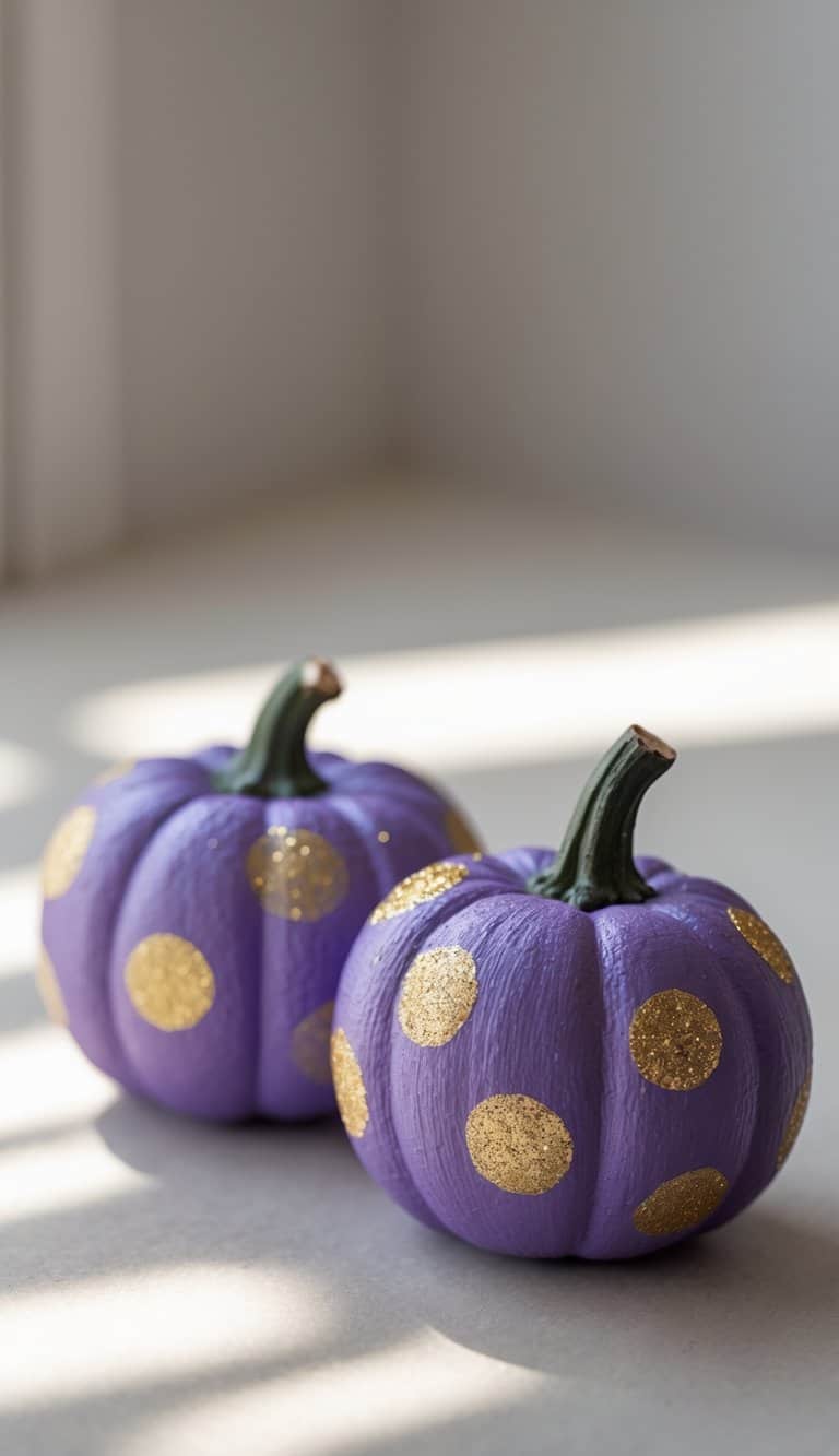 Close-up of one to two small purple pumpkins with gold glitter polka dots on a tabletop.