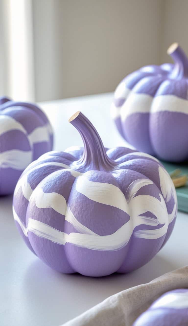 One to two lavender pumpkins painted with white swirls on a clean tabletop.
