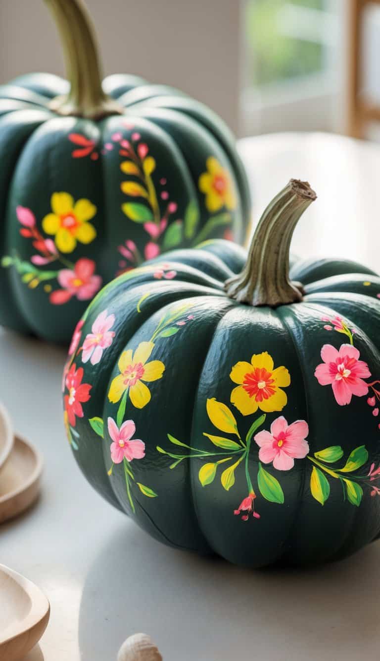 Close-up of one to two dark green pumpkins painted with colorful floral designs on a clean tabletop.