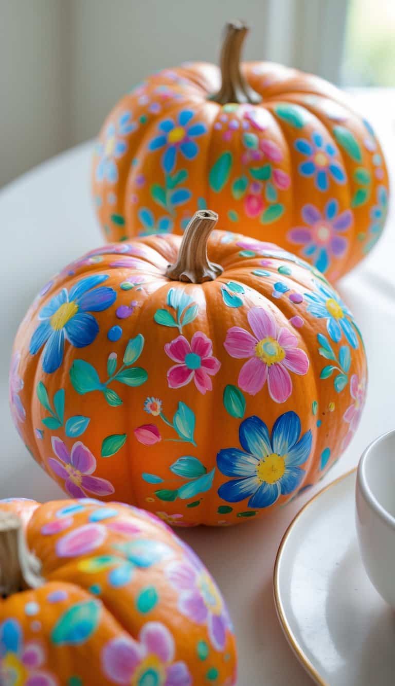 One to two pumpkins painted with colorful floral dot patterns placed on a tabletop in soft daylight.